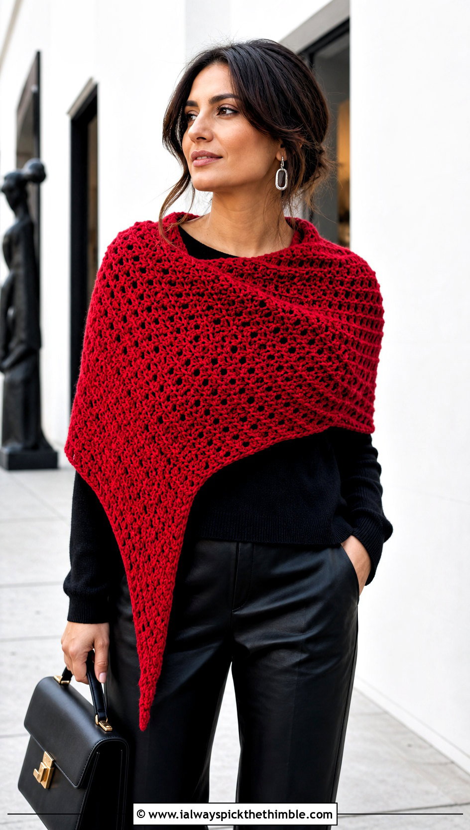 Asymmetrical Crochet Shawl With Leather Pants - 20 winter crochet shawl outfit ideas