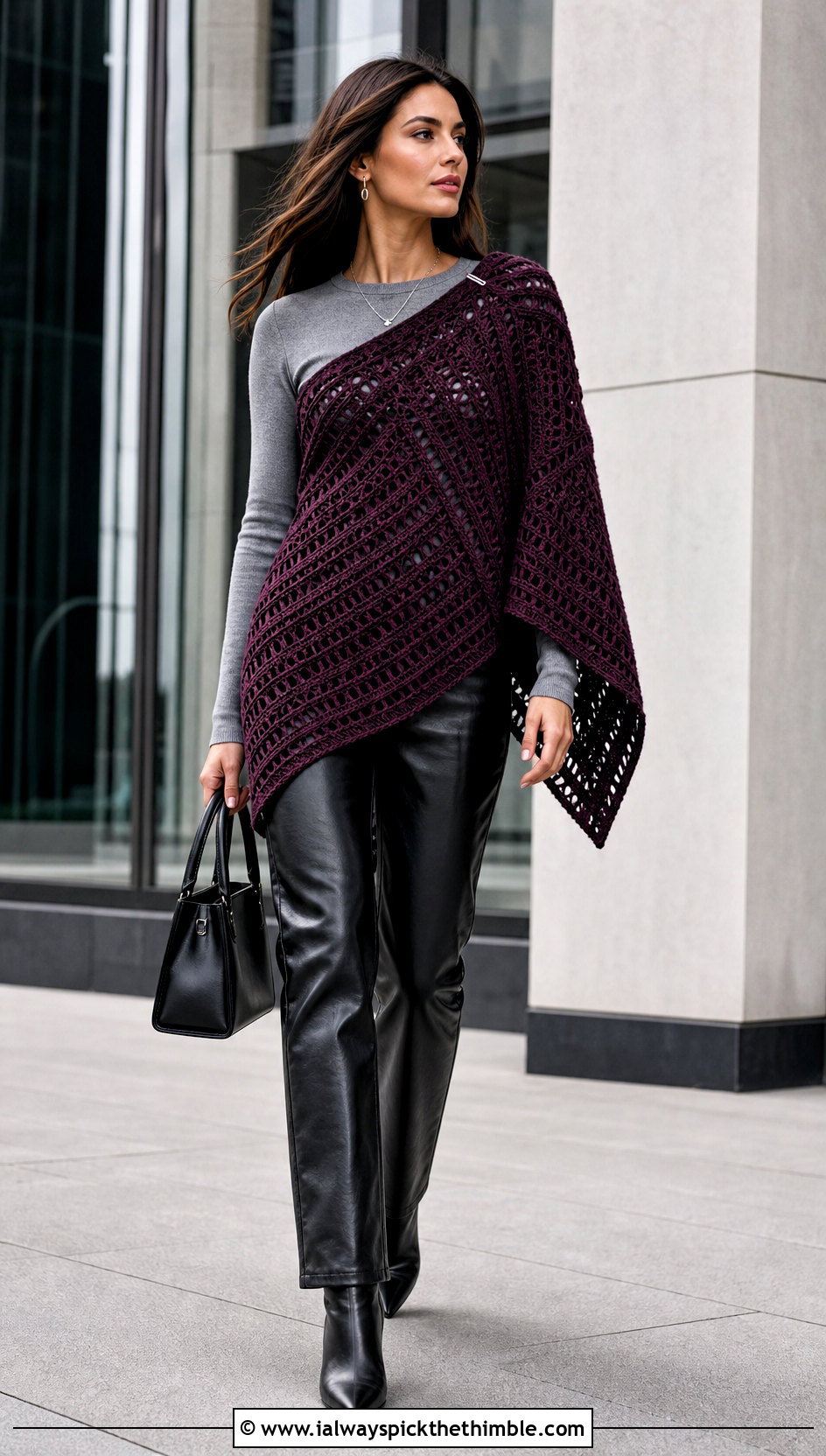 Asymmetrical Crochet Shawl With Leather Pants - 25 Crocheted Shawls And Wraps outfit ideas