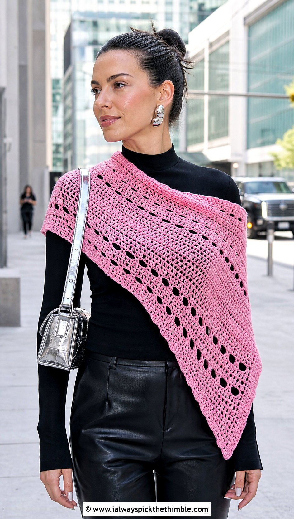 Asymmetrical Crochet Shawl With Leather Pants - 15 bright crochet shawl outfit ideas