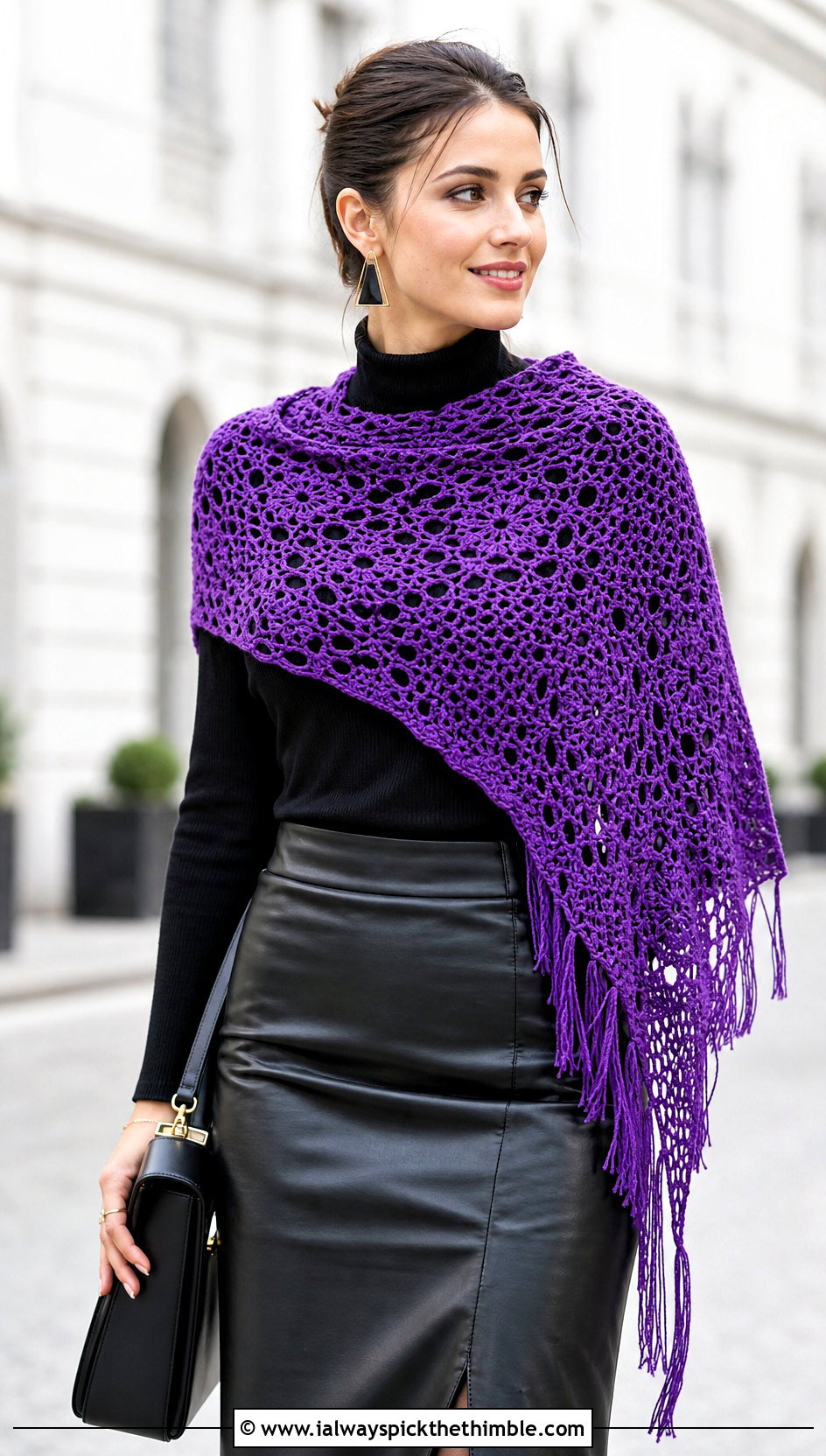 Asymmetrical Crochet Shawl With Leather Skirt - 20 Crochet For Shawl outfit ideas
