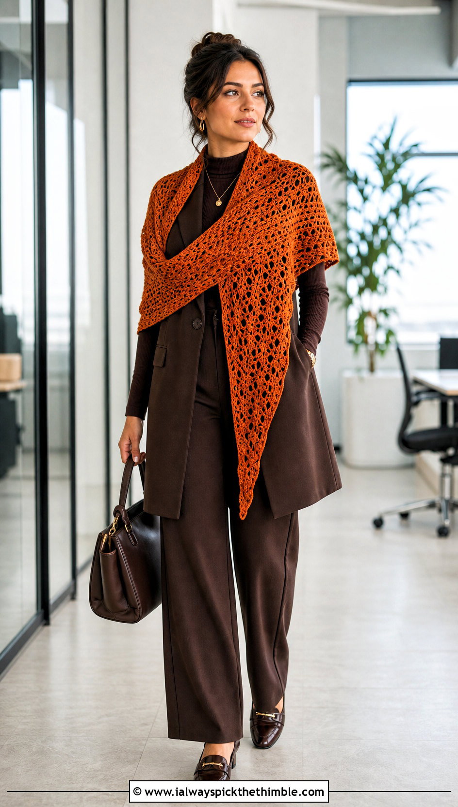 Asymmetrical Crochet Shawl With Monochrome Workwear - 25 easy crochet shawl outfit ideas