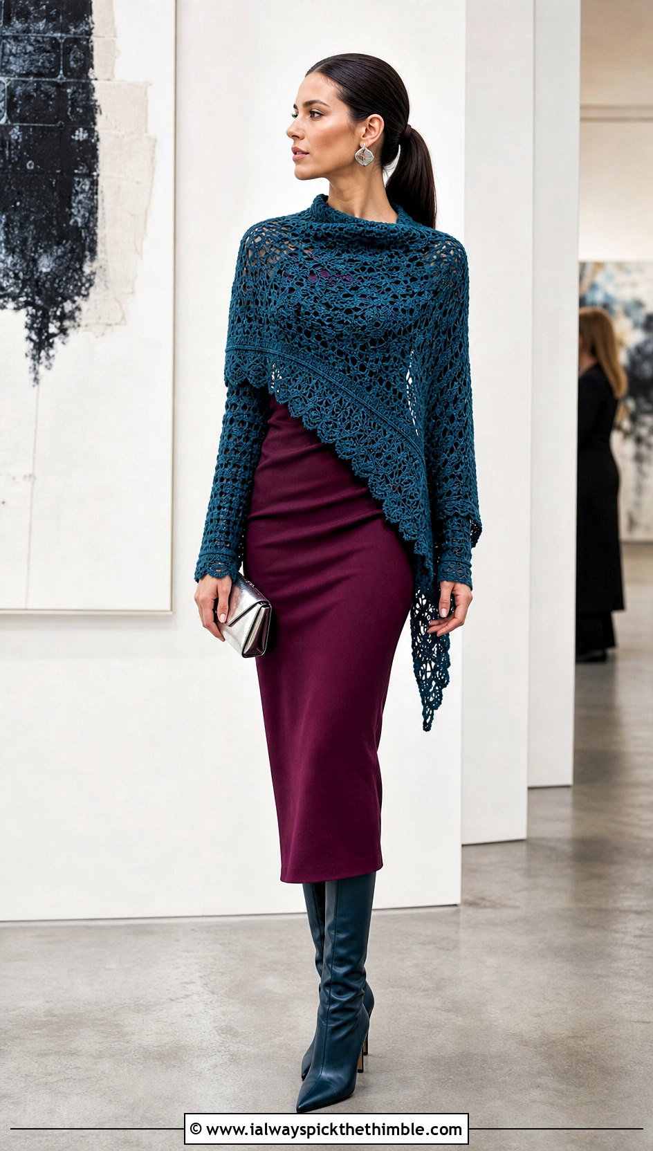 Asymmetrical Crochet Shawl With Sleeves And Midi Dress - 25 crochet shawl with sleeves outfit ideas