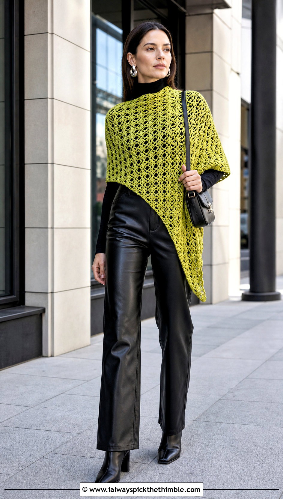Asymmetrical Crochet Shoulder Shawl With Leather Pants - 20 Crochet Shoulder Shawl outfit ideas