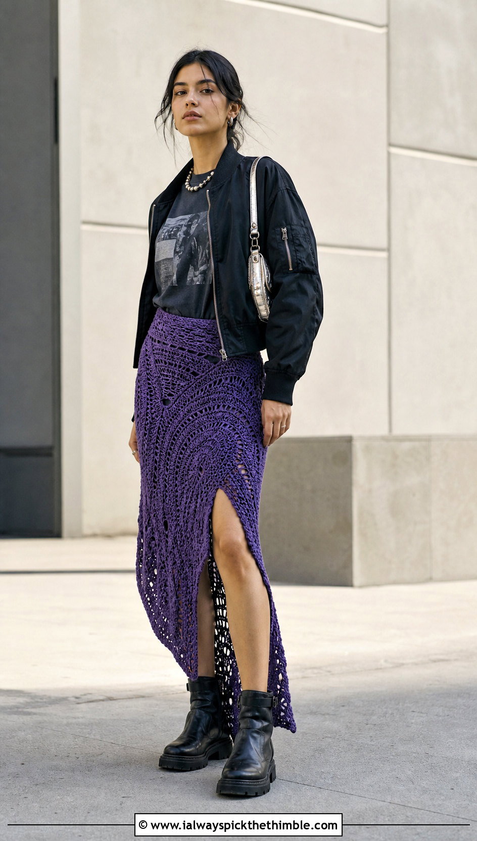 Asymmetrical Crochet Skirt With Graphic T Shirt - 20 Beginner Crochet Skirt outfit ideas