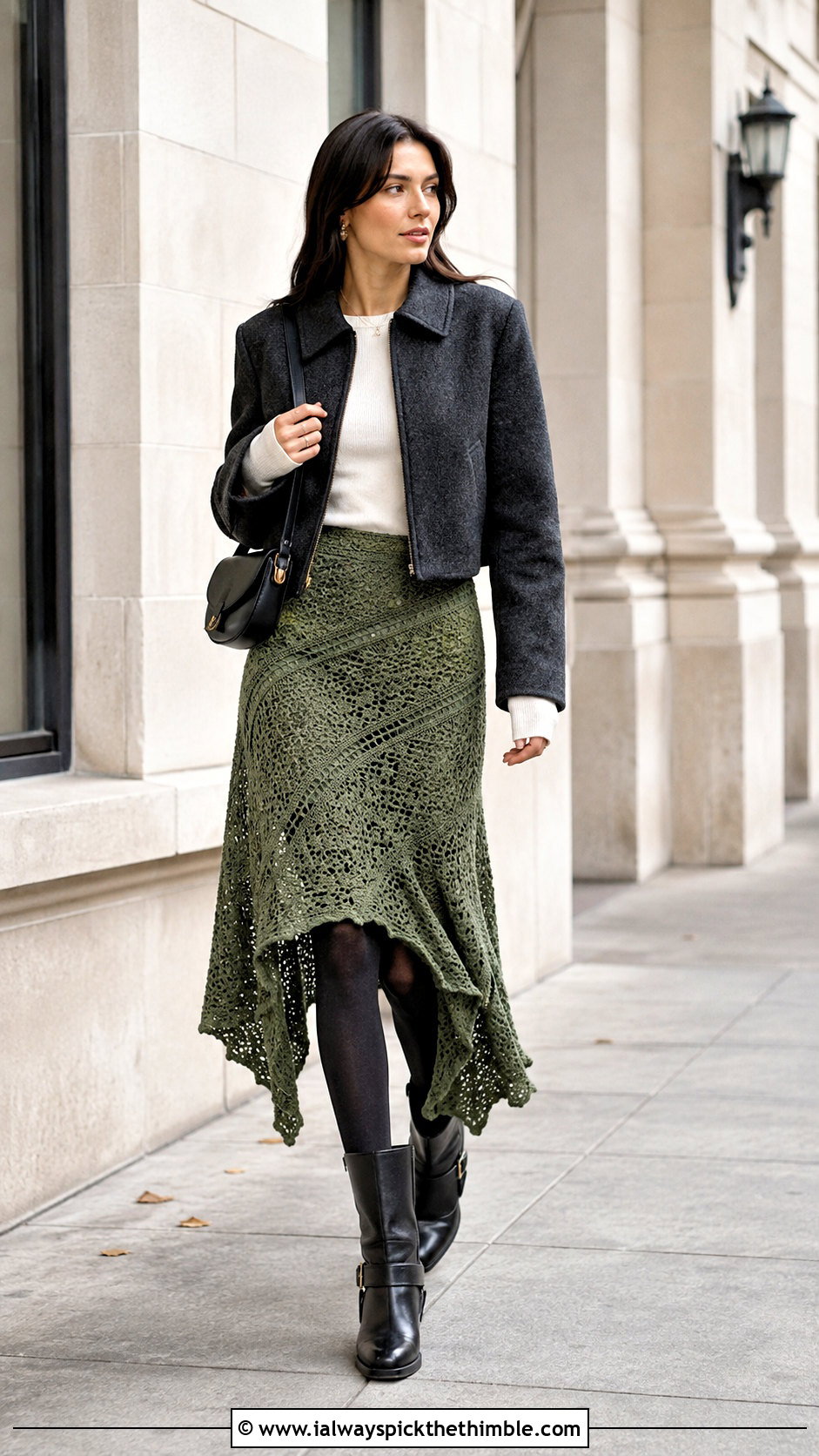Asymmetrical Crochet Skirt With Moto Boots - 25 crochet winter skirt outfit ideas