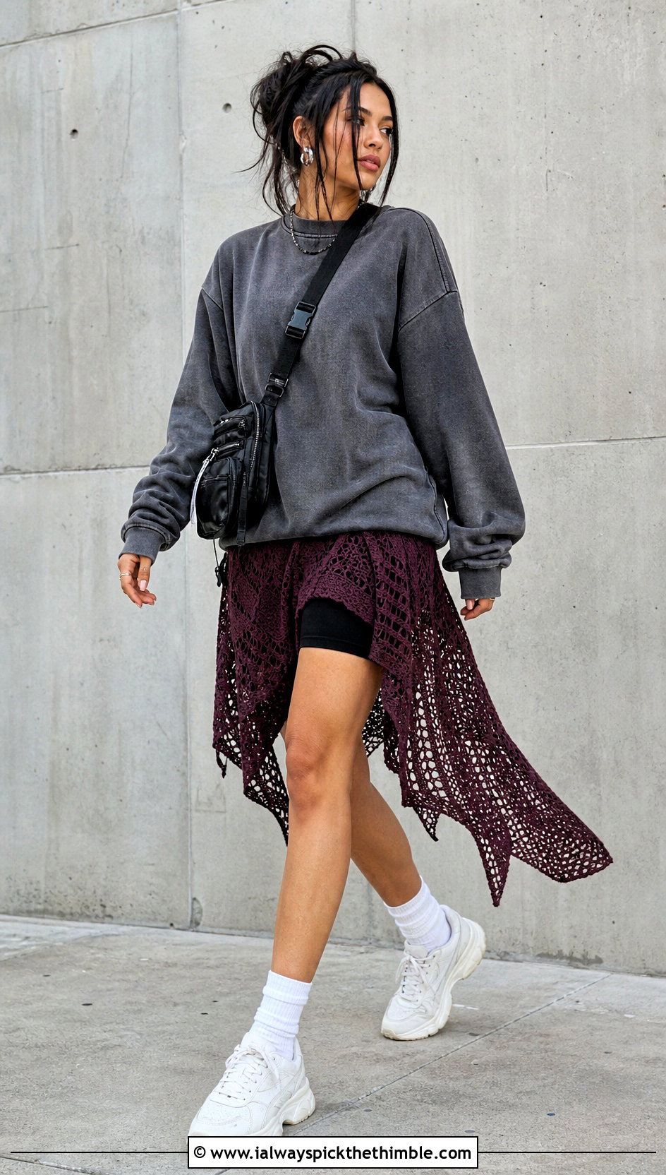 Asymmetrical Crochet Skirt With Oversized Sweatshirt - 25 Crochet Grunge Clothes and outfit ideas