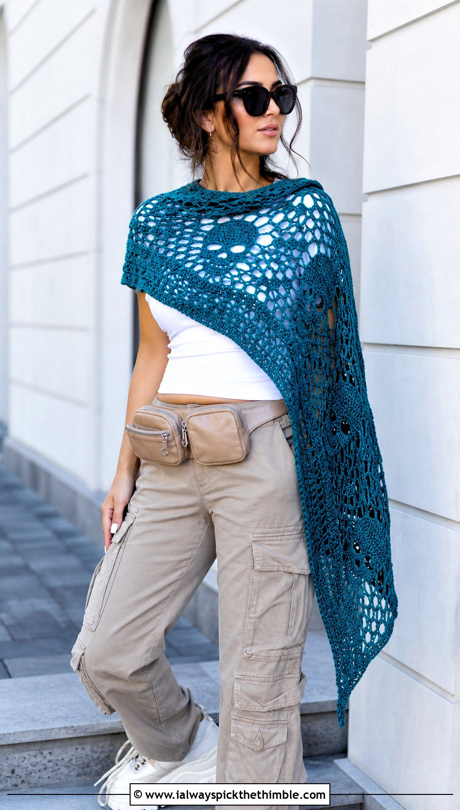 Asymmetrical Crochet Skull Shawl With Cargo Pants - 25 crochet skull shawl outfit ideas
