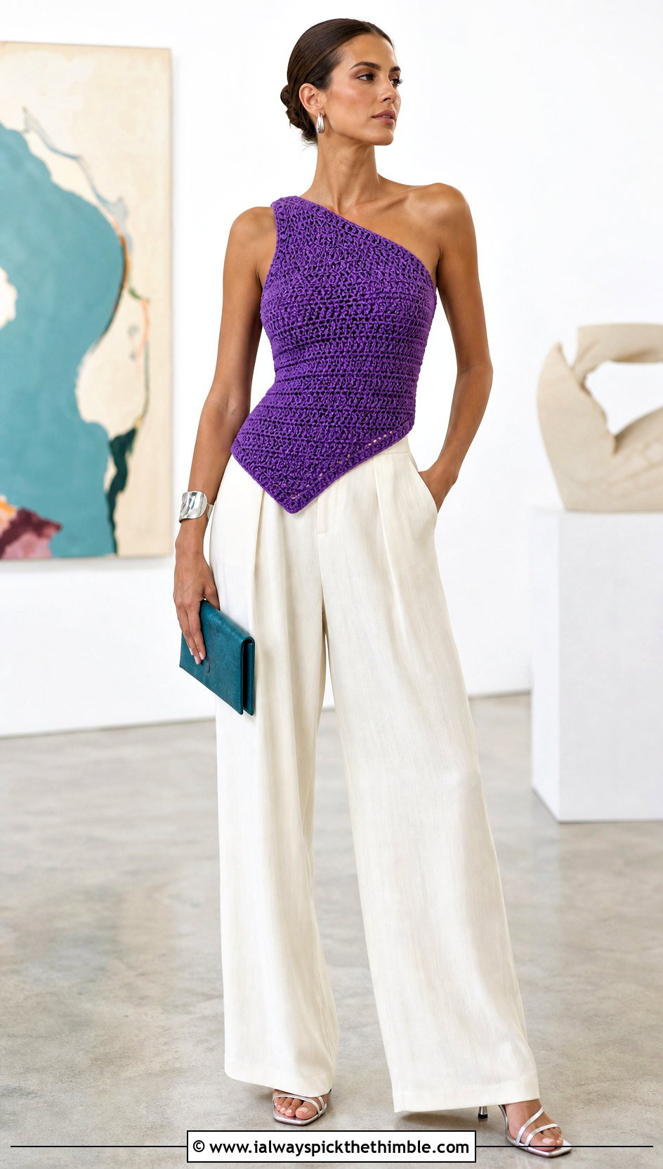 Asymmetrical Crochet Sleeveless Top With Wide Leg Trousers - 25 crochet sleeveless top outfit ideas