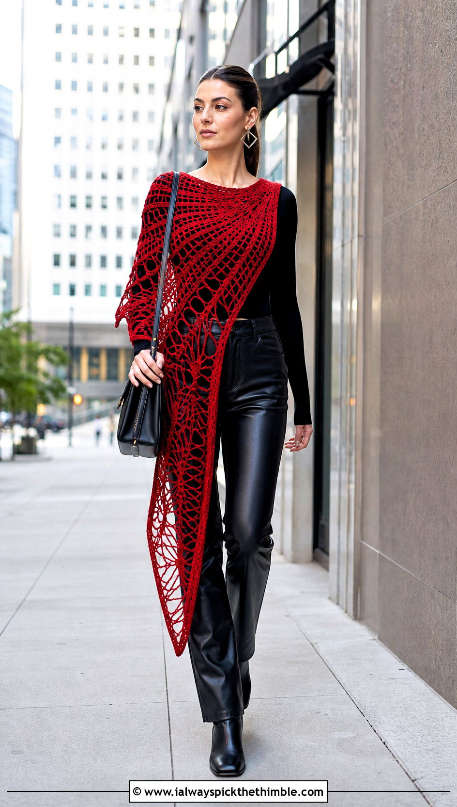 Asymmetrical Crochet Spiderweb Shawl With Leather Pants - 20 Crochet Spiderweb Shawl outfit ideas