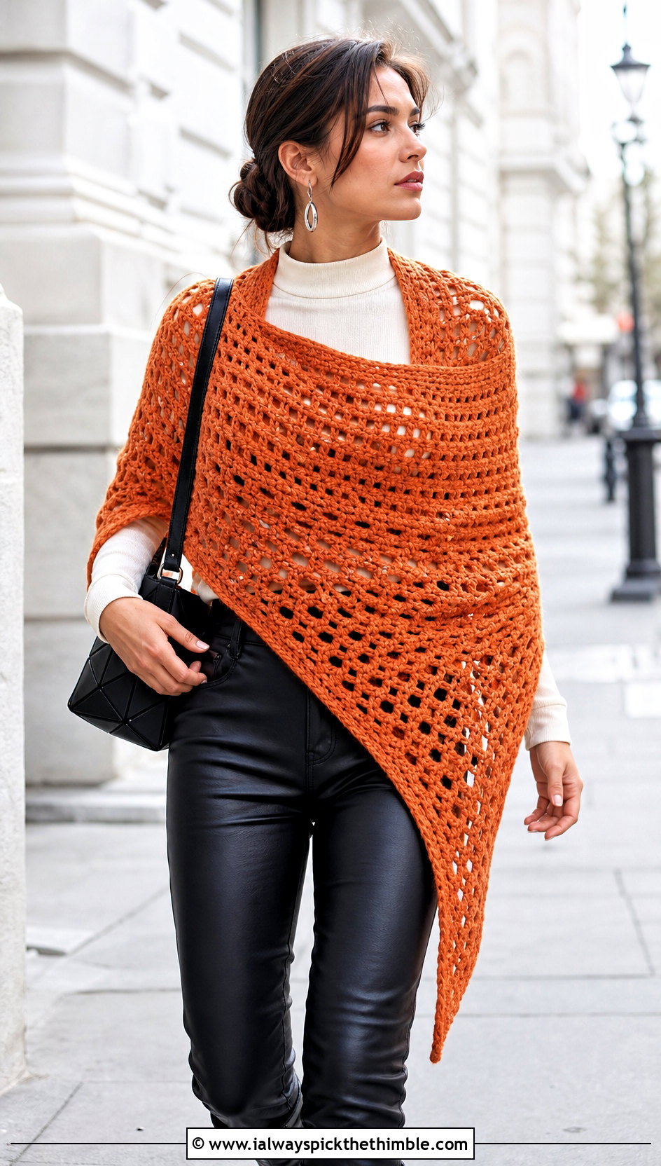 Asymmetrical Crochet Spring Wrap With Leather Pants - 15 Crochet Spring Wrap outfit ideas