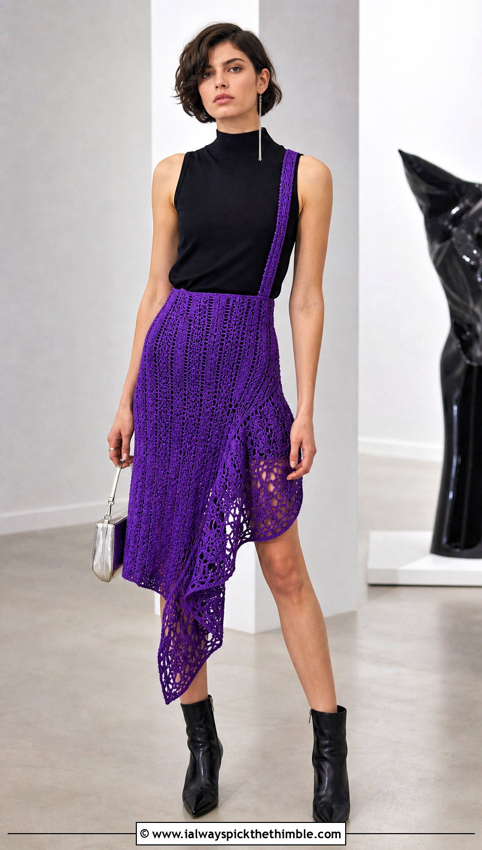 Asymmetrical Crochet Suspender Skirt With Mock Neck Top - 20 crochet skirt with suspenders outfit ideas