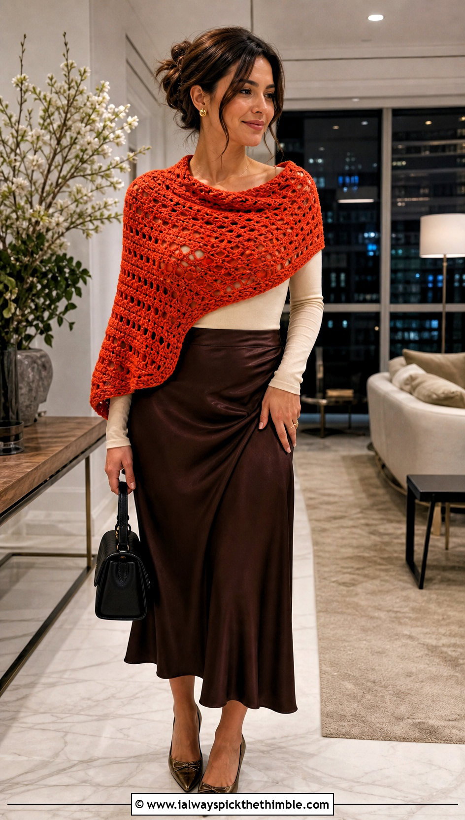 Asymmetrical Crochet Sweater Scarf With Satin Skirt - 25 crochet sweater scarf outfit ideas