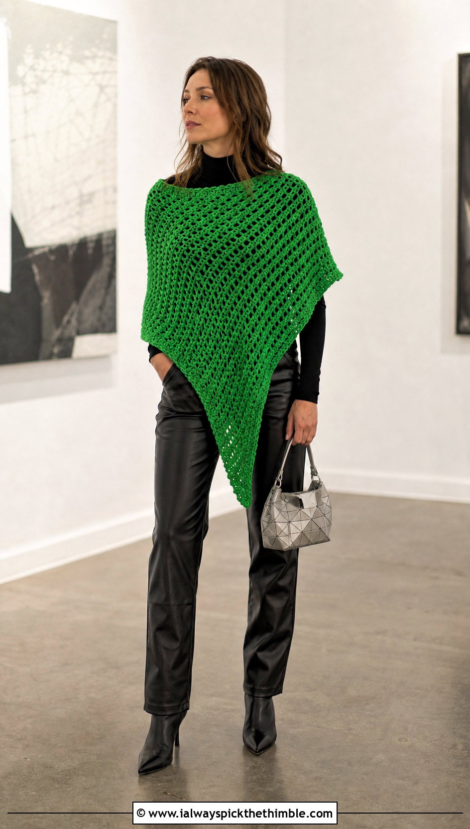 Asymmetrical Crochet Sweater Shawl With Leather Pants - 20 crochet sweater shawl outfit ideas
