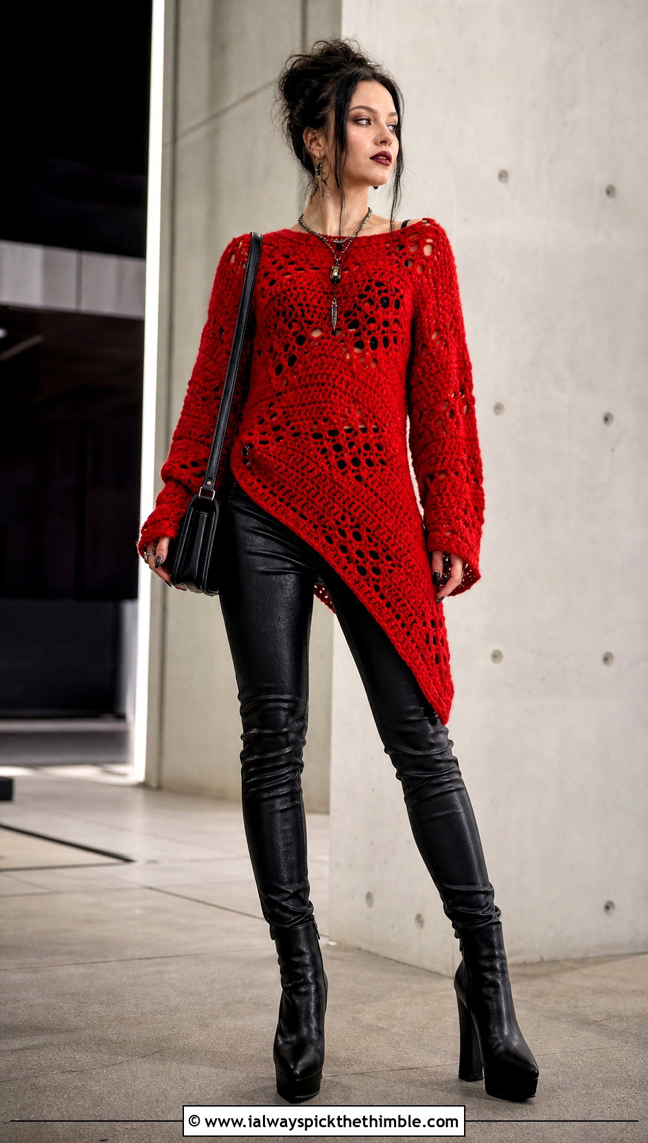 Asymmetrical Crochet Sweater With Coated Jeans - 20 goth crochet sweater outfit ideas