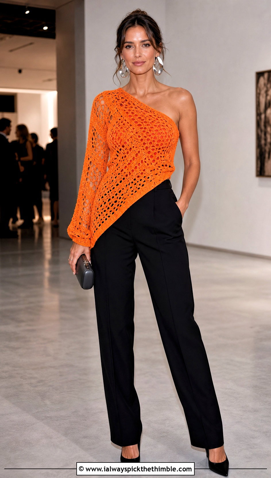 Asymmetrical Crochet Sweater With Tailored Black Trousers - 25 easy crochet sweaters outfit ideas