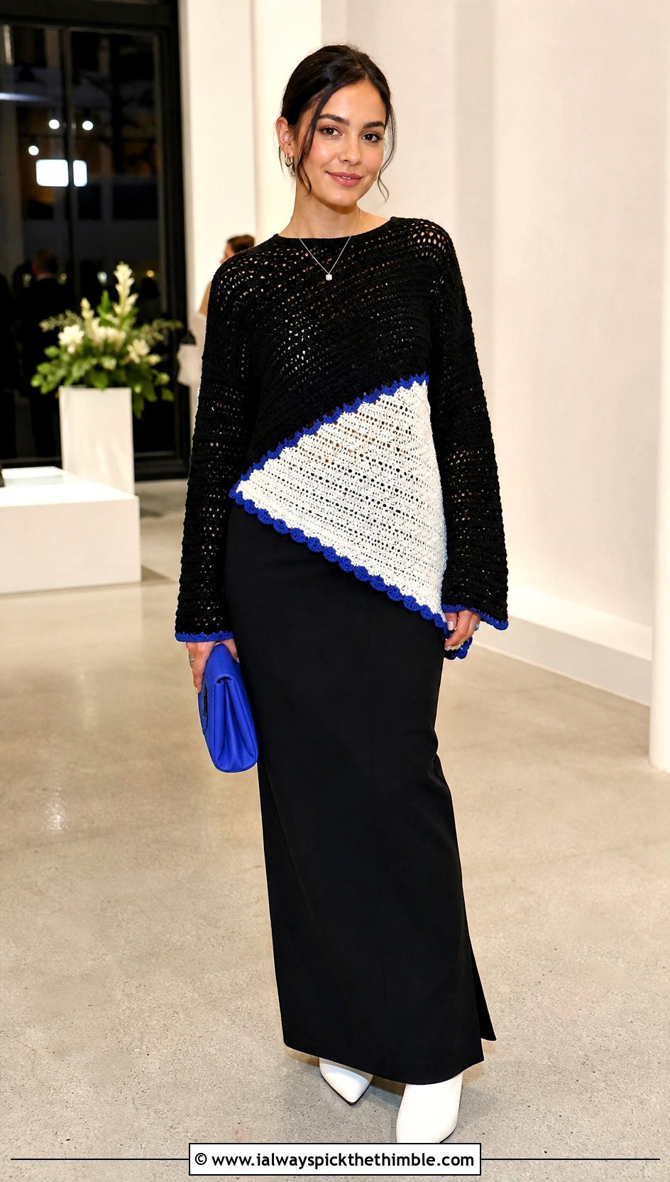 Asymmetrical Crochet Sweater With Tailored Maxi Skirt - 25 black and white crochet sweater outfit ideas