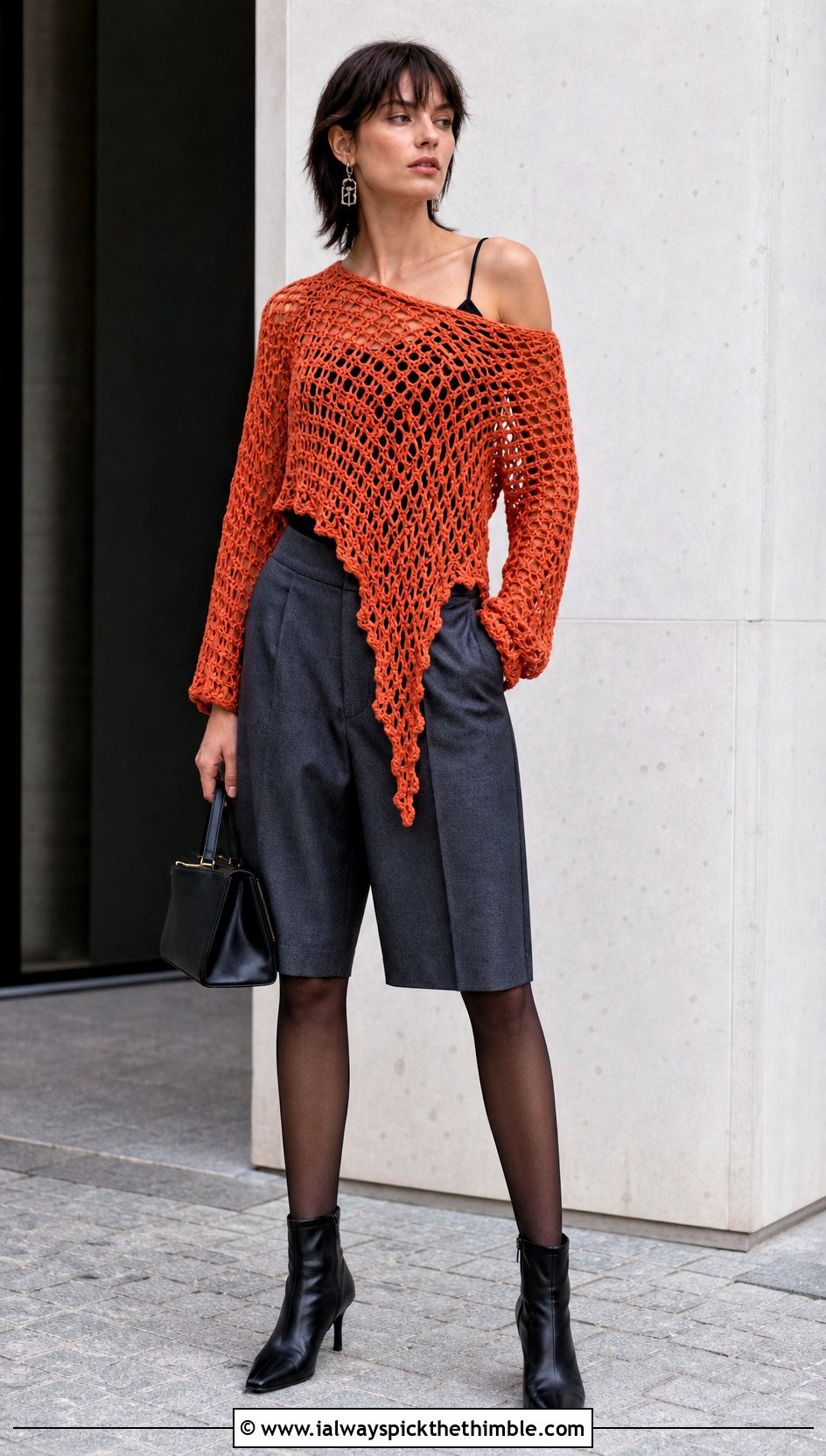 Asymmetrical Crochet Sweater With Tailored Shorts - 20 alt crochet sweater outfit ideas