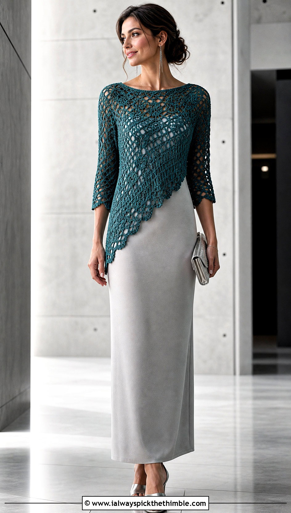 Asymmetrical Crochet Top Over A Column Dress - 20 Crochet Top Layering Outfit ideas