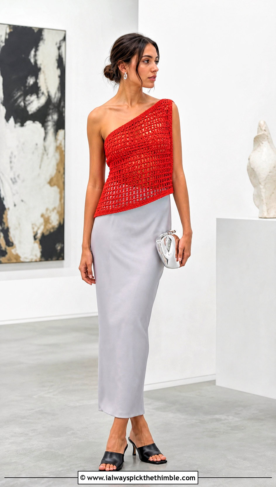 Asymmetrical Crochet Top With Column Skirt - 25 crochet spring tops outfit ideas