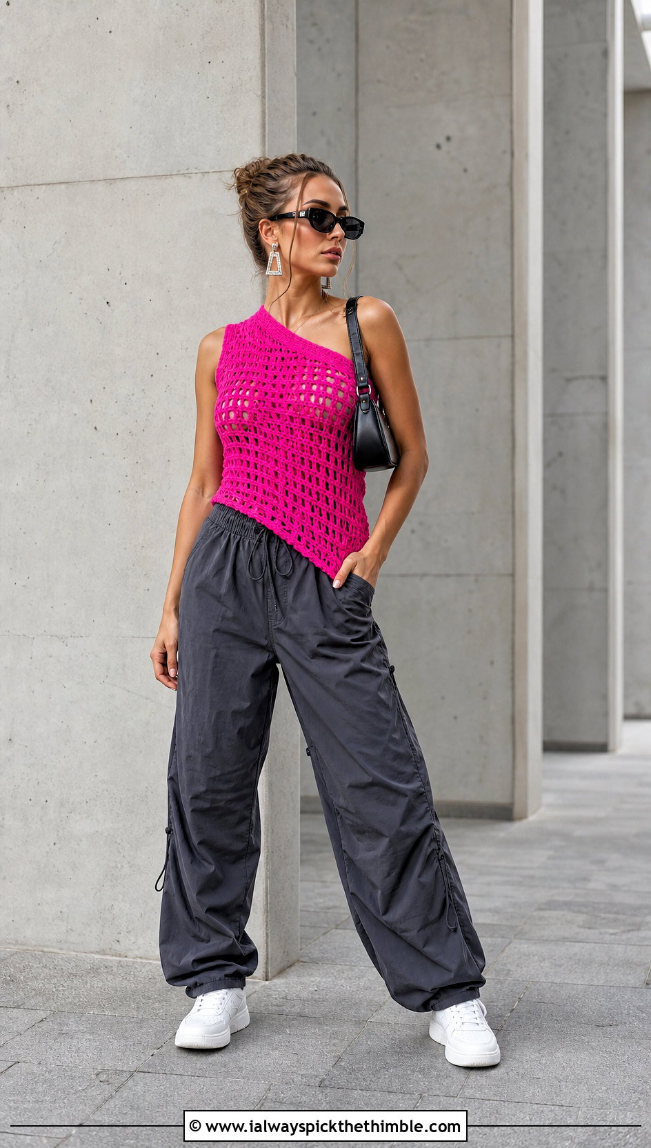 Asymmetrical Crochet Top With Parachute Pants - 20 Crochet Top For Spring outfit ideas