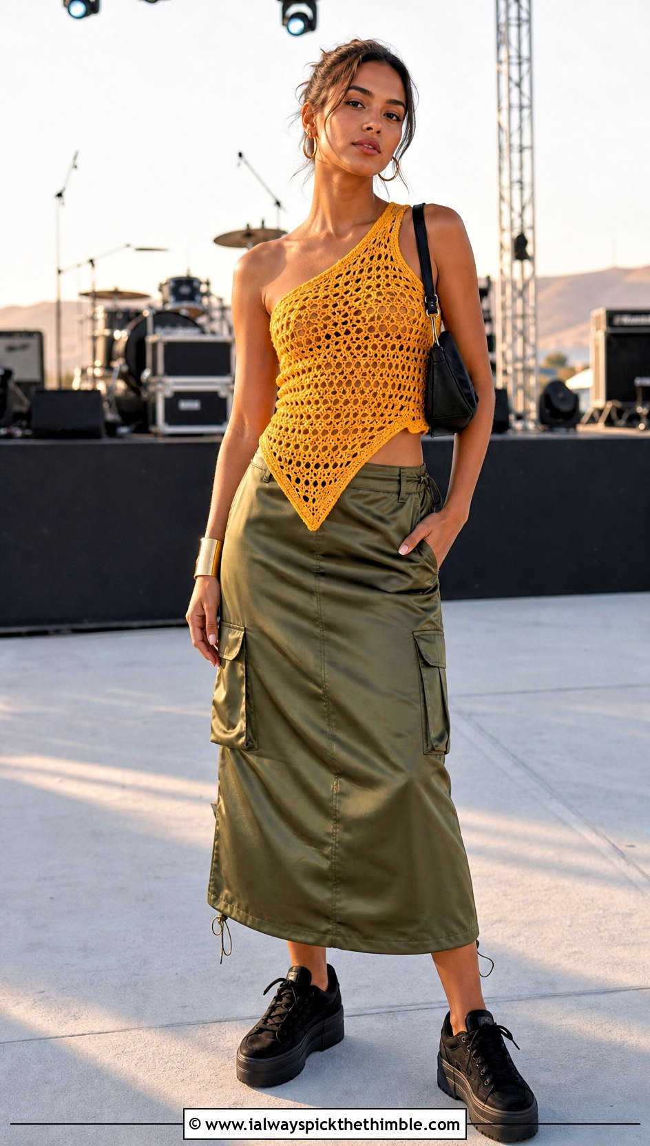 Asymmetrical Crochet Top With Satin Cargo Skirt - 20 crochet festival clothes and outfit ideas