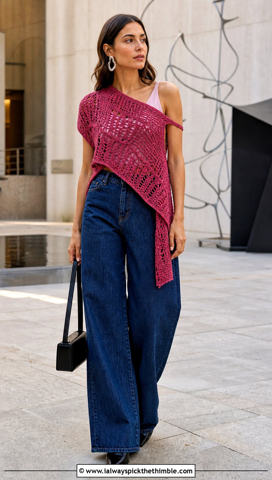 Asymmetrical Crochet Top With Wide Leg Jeans - 20 Flowy Crochet Top outfit ideas