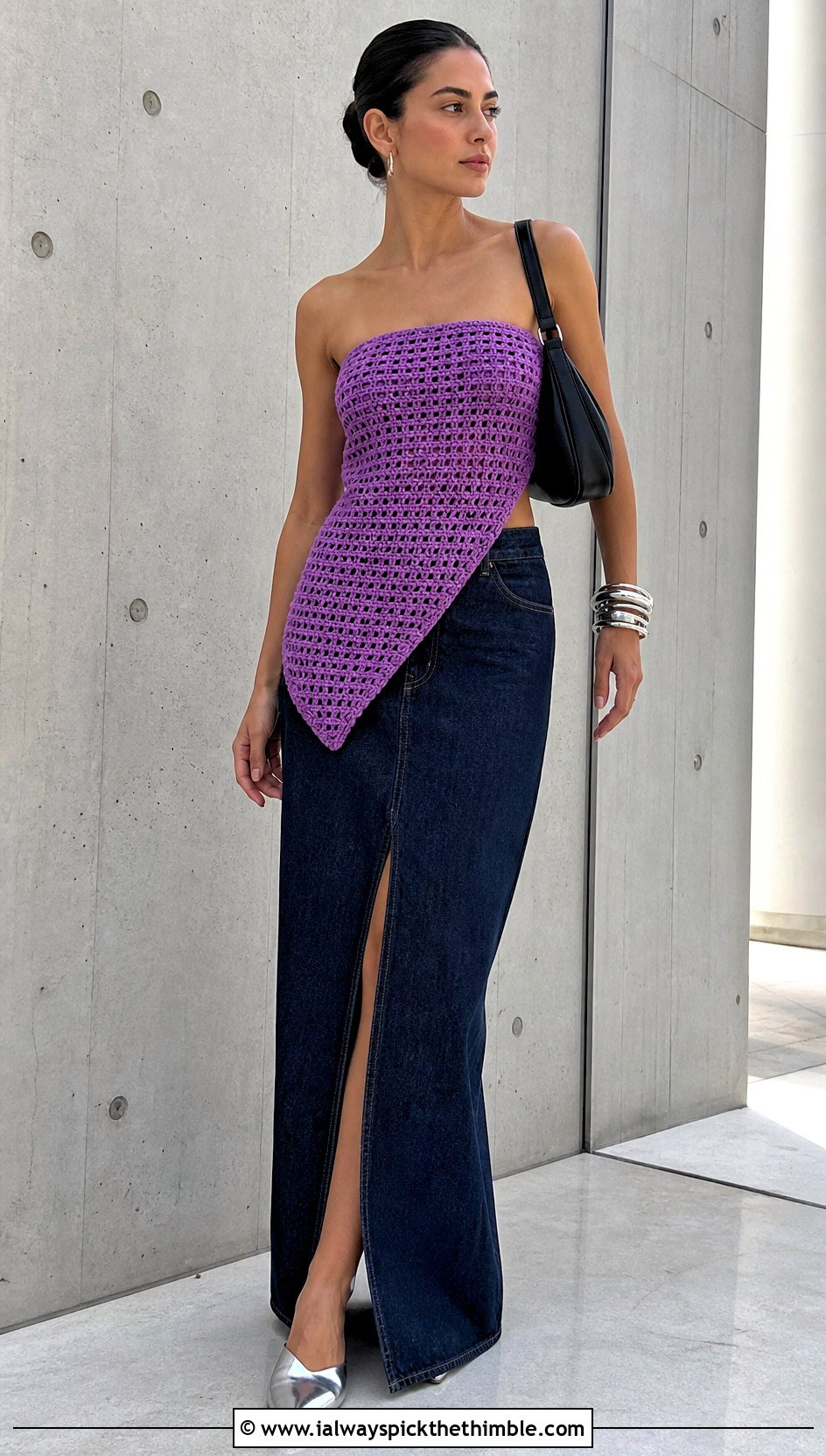 Asymmetrical Crochet Towel Top With Denim Maxi Skirt - 25 crochet towel tops outfit ideas