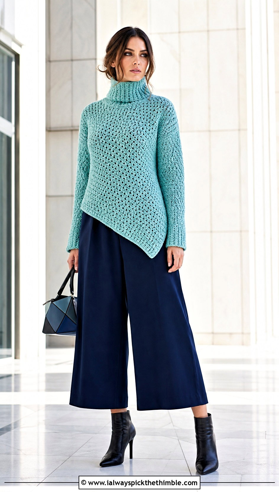Asymmetrical Crochet Turtleneck Sweater With Wide Leg Culottes - 20 crochet turtleneck sweater outfit ideas