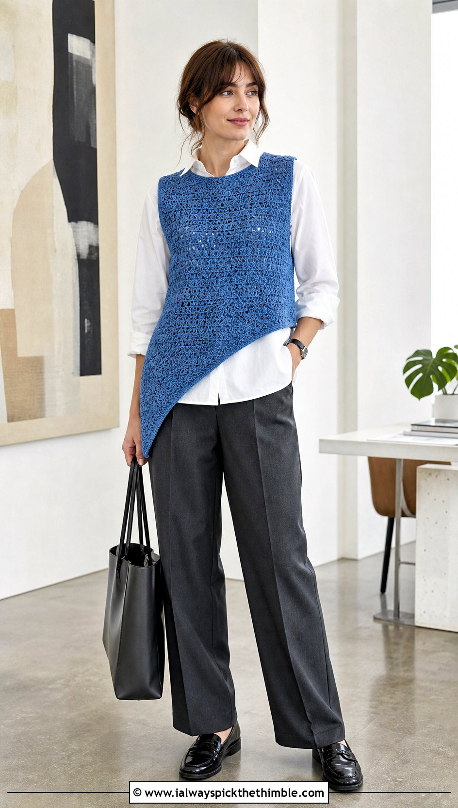 Asymmetrical Crochet Vest Top With Button Down Shirt - 20 crochet assymetrical top outfit ideas