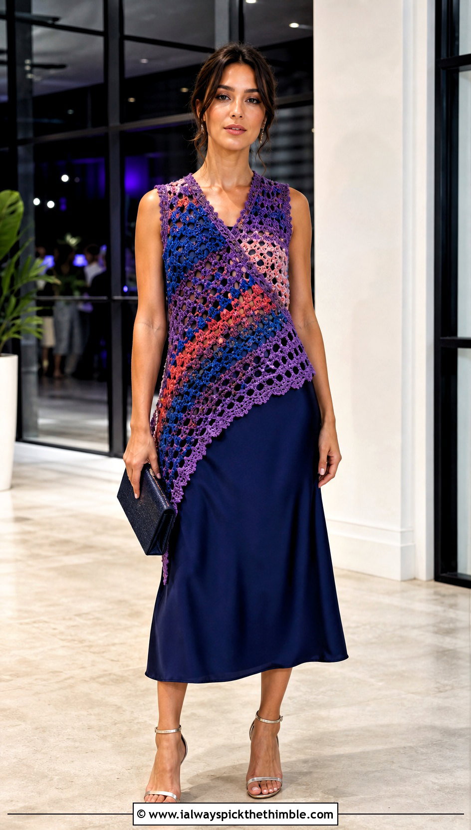 Asymmetrical Crochet Vest With Slip Dress And Heels - 25 crochet vest for women outfit ideas