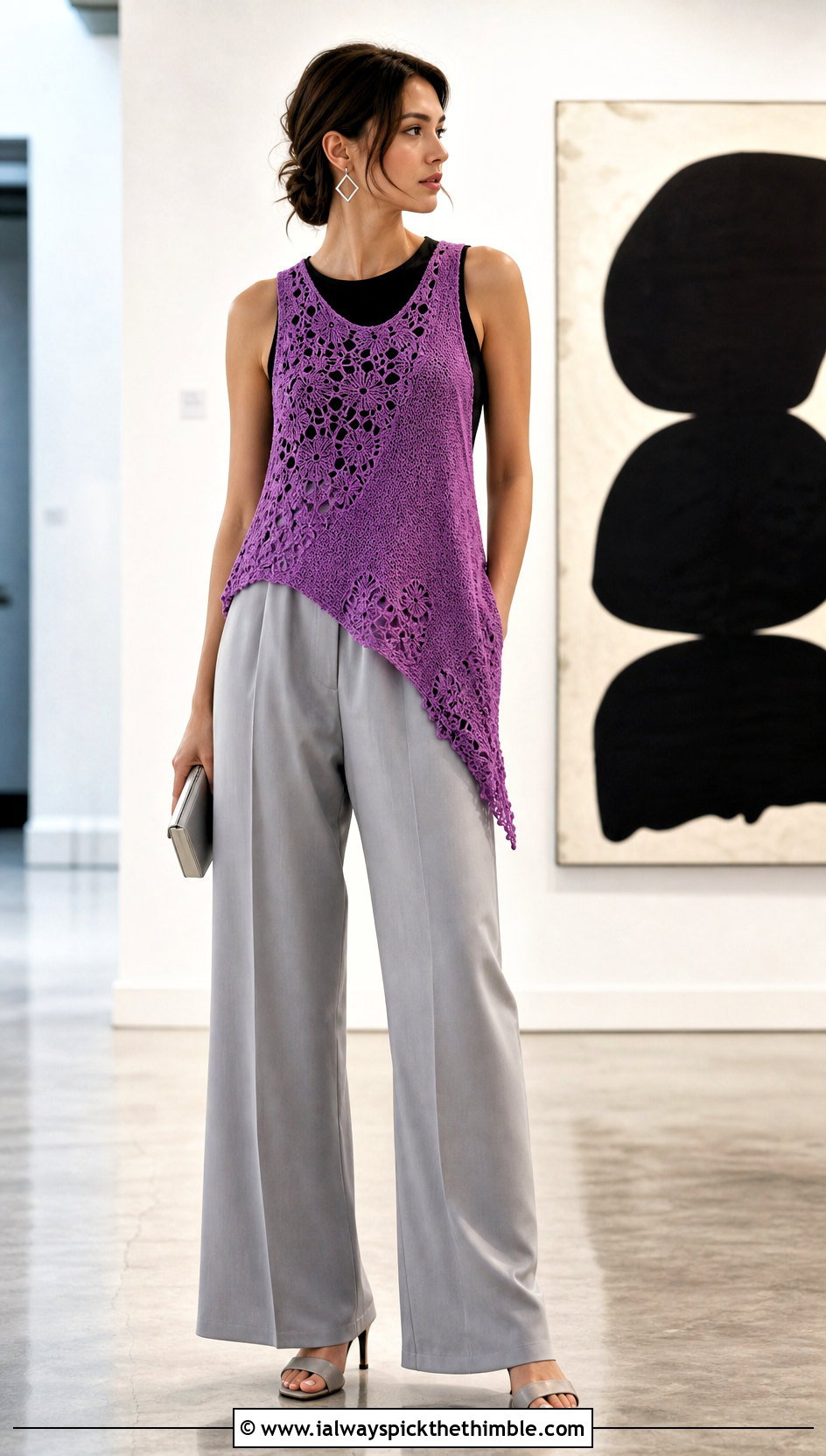 Asymmetrical Crochet Vest With Wide Leg Trousers - 25 crochet vests outfit ideas