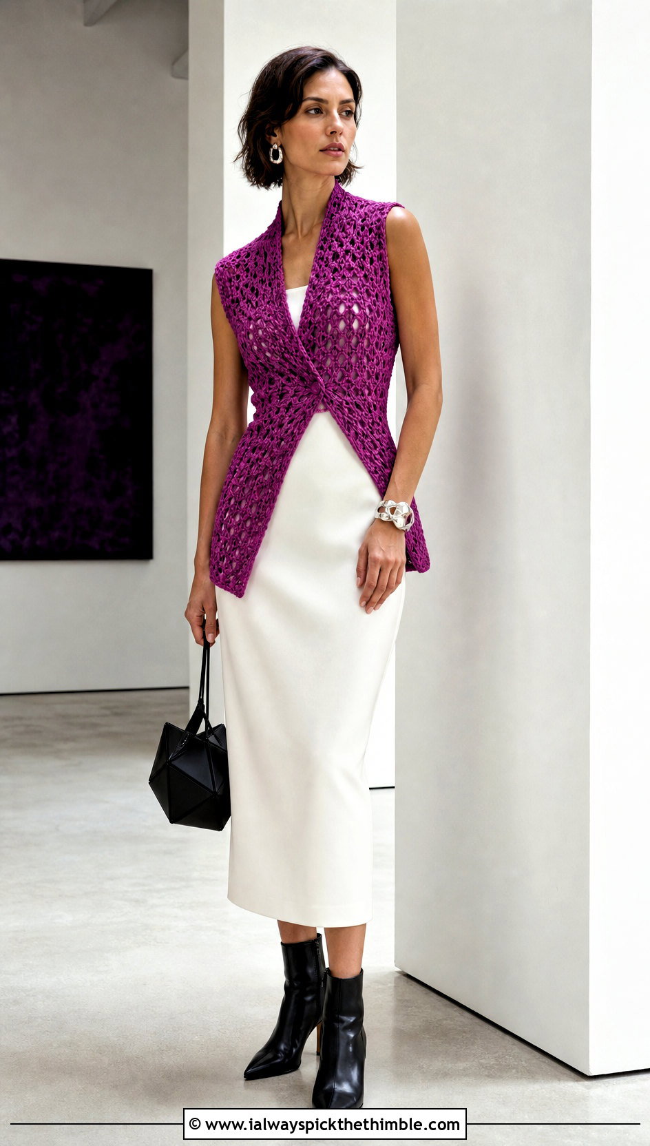 Asymmetrical Crochet Waistcoat With Column Dress - 20 ladies crochet waistcoat outfit ideas
