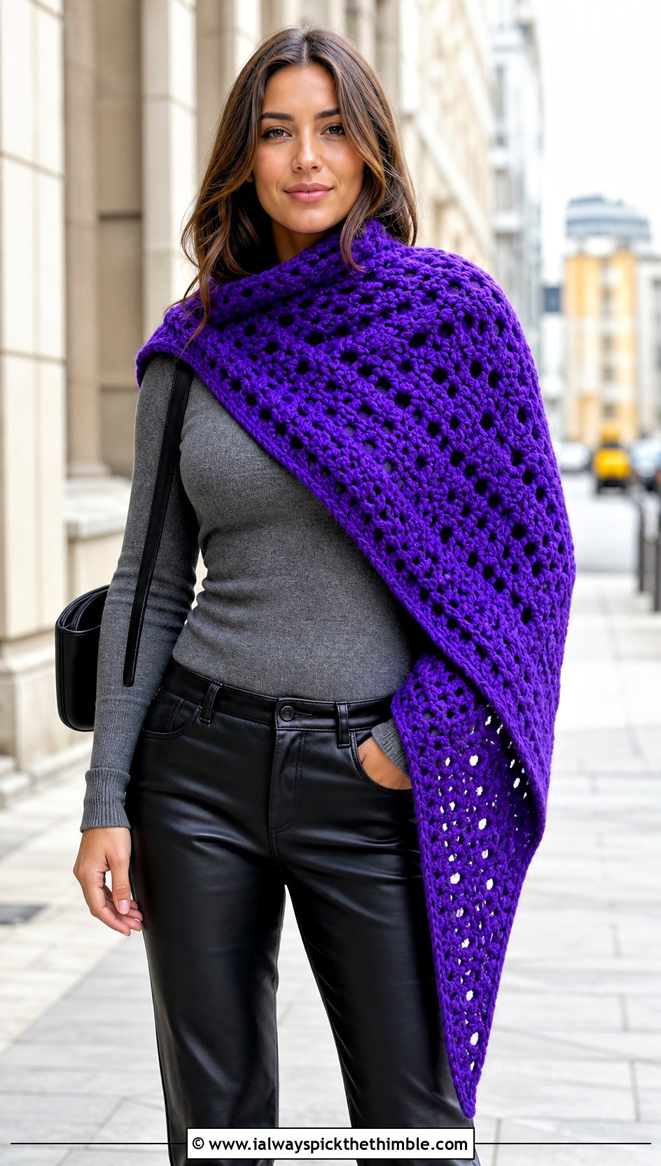 Asymmetrical Crochet Winter Shawl With Leather Pants - 15 Crochet Winter Shawl outfit ideas