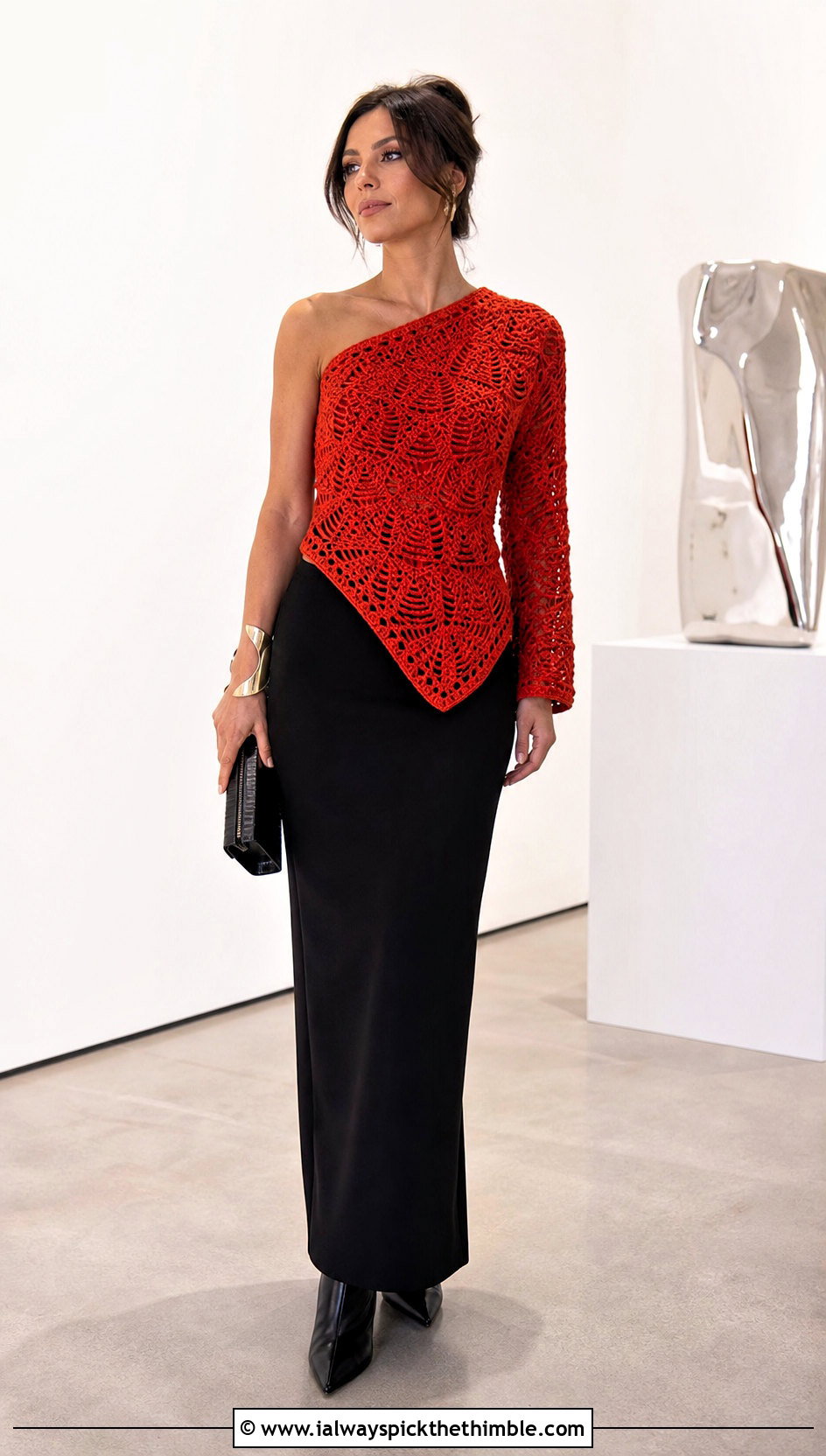 Asymmetrical Crochet Wool Top With Tailored Maxi Skirt - 25 crochet wool top outfit ideas