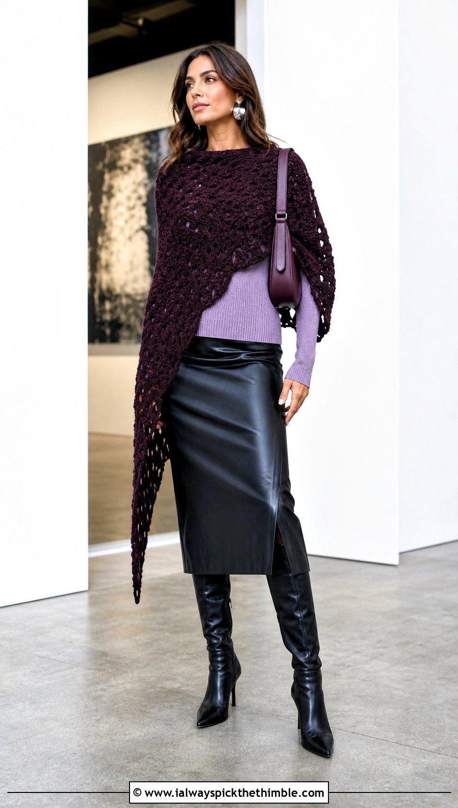 Asymmetrical Crochet Wrap With A Leather Skirt - 25 crochet wrap outfit ideas