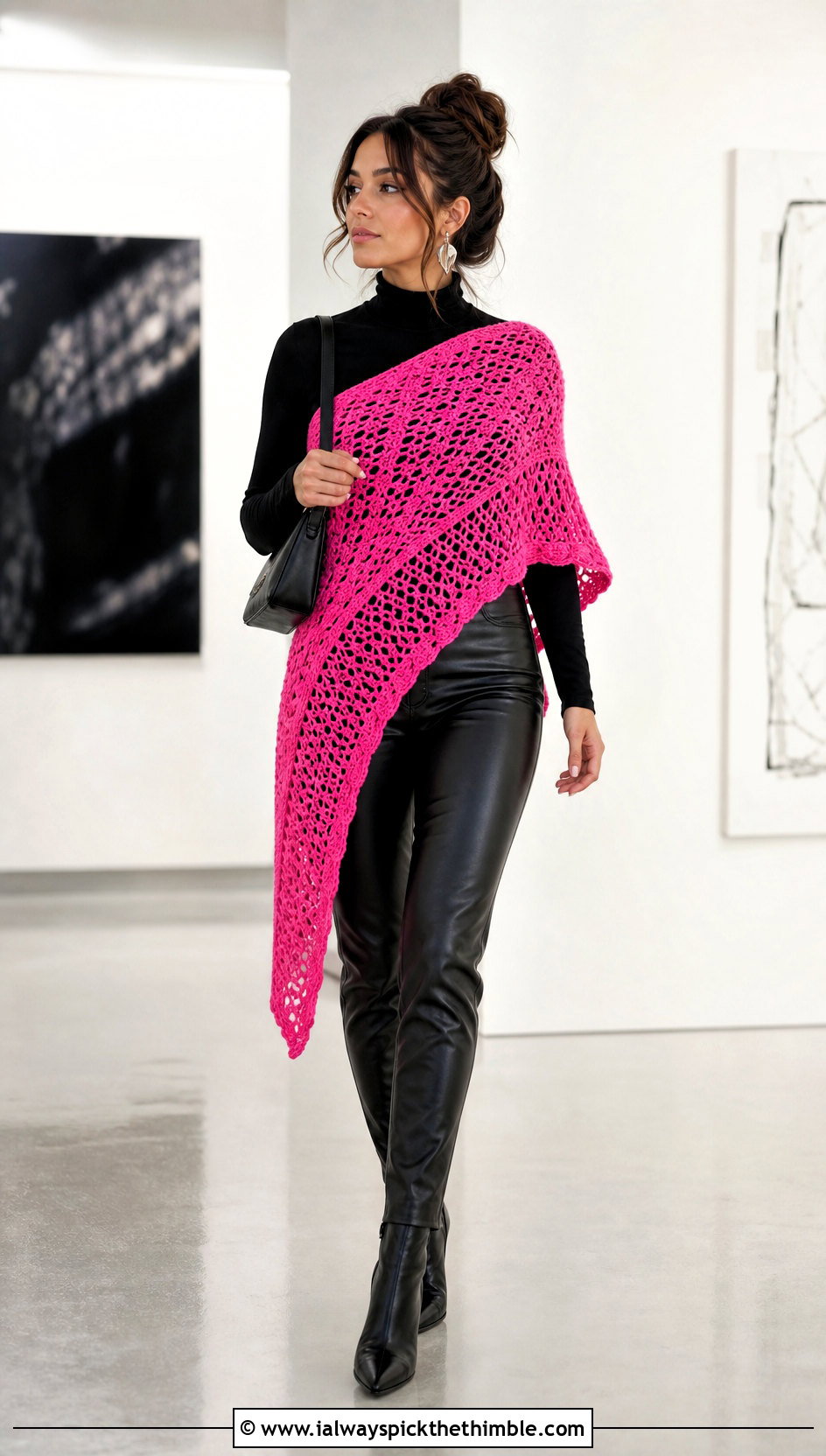 Asymmetrical Crochet Wrap With Leather Pants - 25 crochet wrap shawl outfit ideas