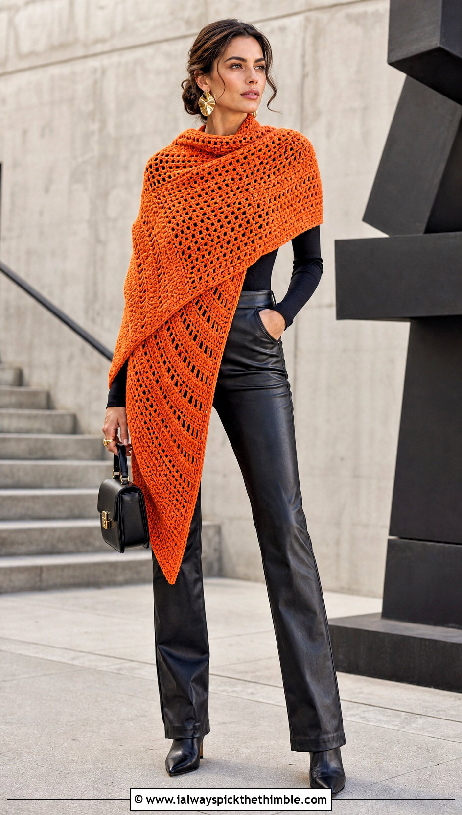 Asymmetrical Crochet Wrap With Leather Pants - 15 Beginner Crochet Wrap outfit ideas