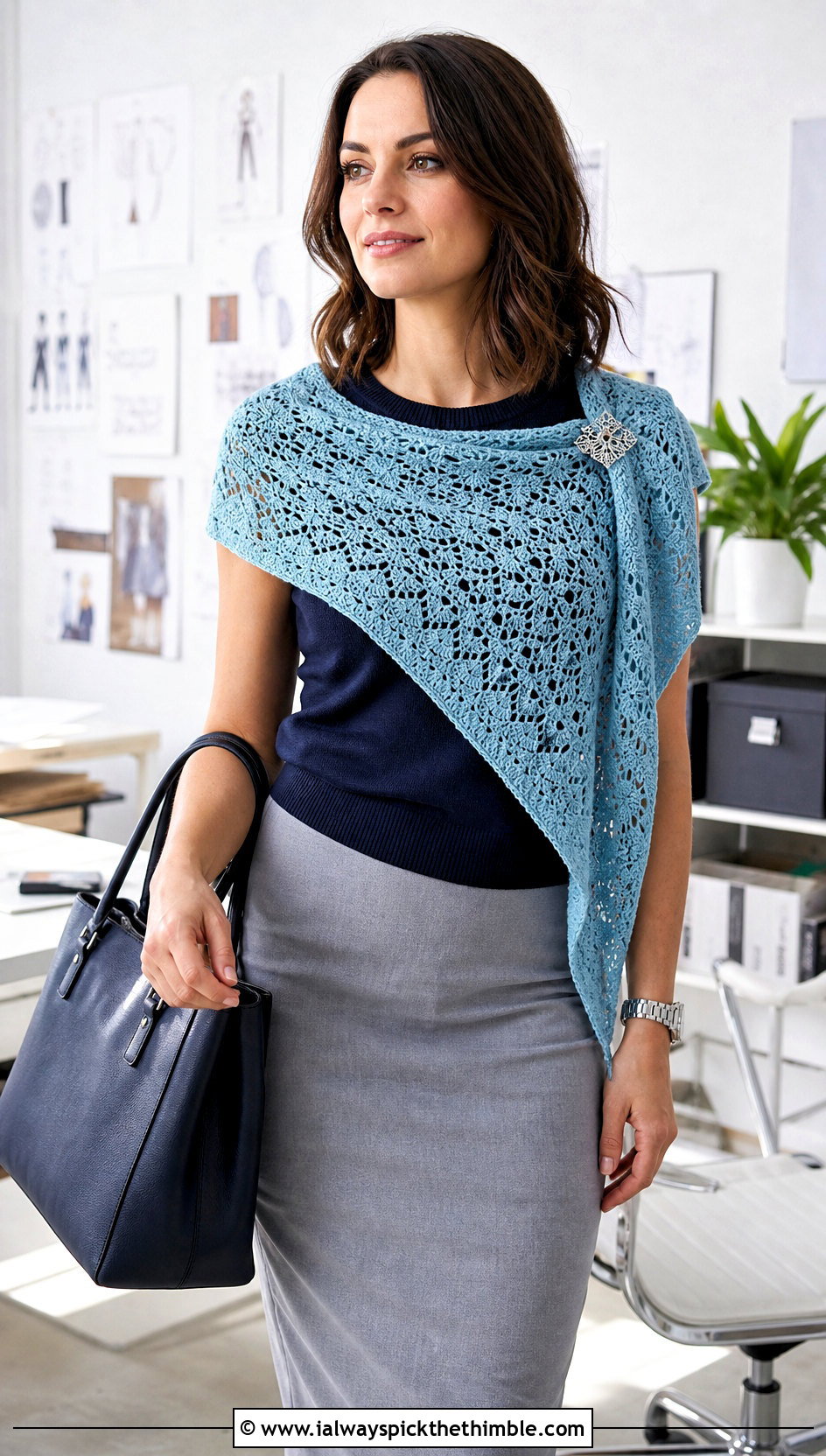 Asymmetrical Crochet Wrap With Pencil Skirt - 15 Crochet Wraps outfit ideas