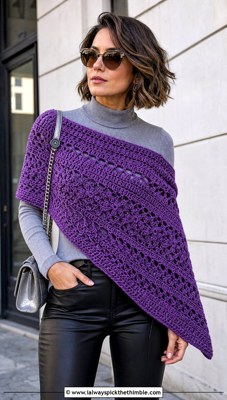 Asymmetrical Crocheted Shawl With Leather Pants - 20 Crocheted Shawl outfit ideas