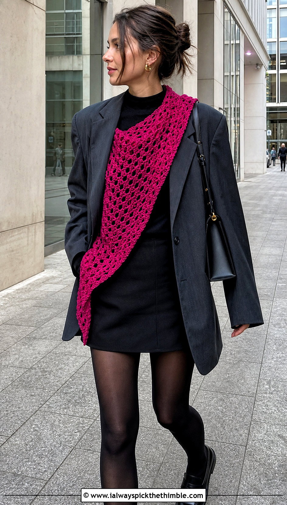 Asymmetrical Crocheted Triangle Scarf With Oversized Blazer And Mini Skirt - 20 Crocheted Triangle Scarf outfit ideas