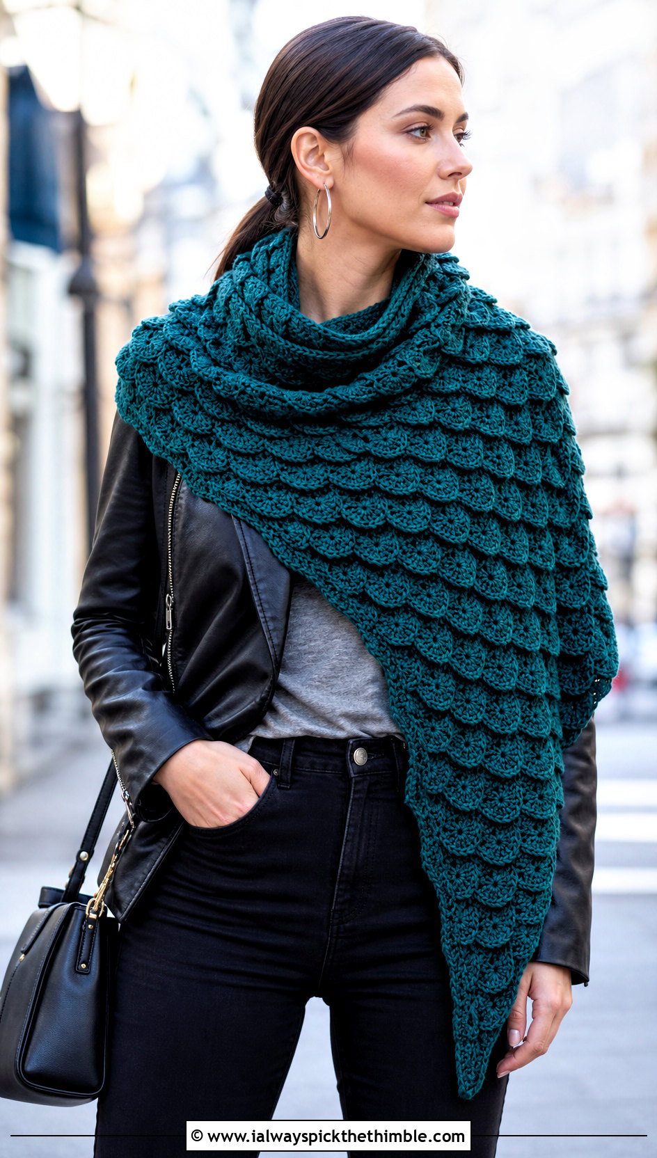 Asymmetrical Crocodile Stitch Crochet Shawl With Leather Jacket - 15 crocodile stitch crochet shawl outfit ideas