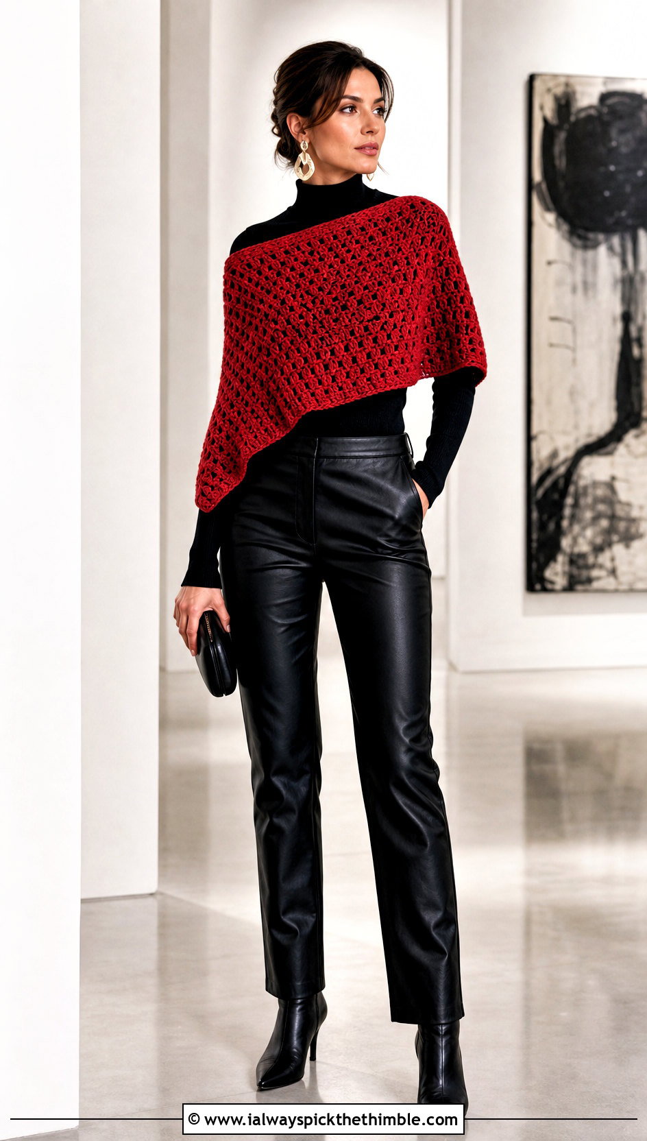 Asymmetrical Cropped Crochet Poncho With Leather Pants - 20 Cropped Crochet Poncho outfit ideas