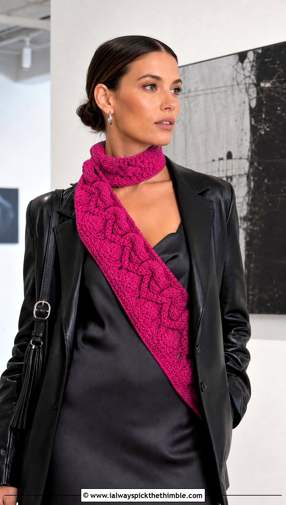 Asymmetrical Crossbody Katniss Crochet Cowl With Leather Blazer - 15 katniss crochet hat outfit ideas