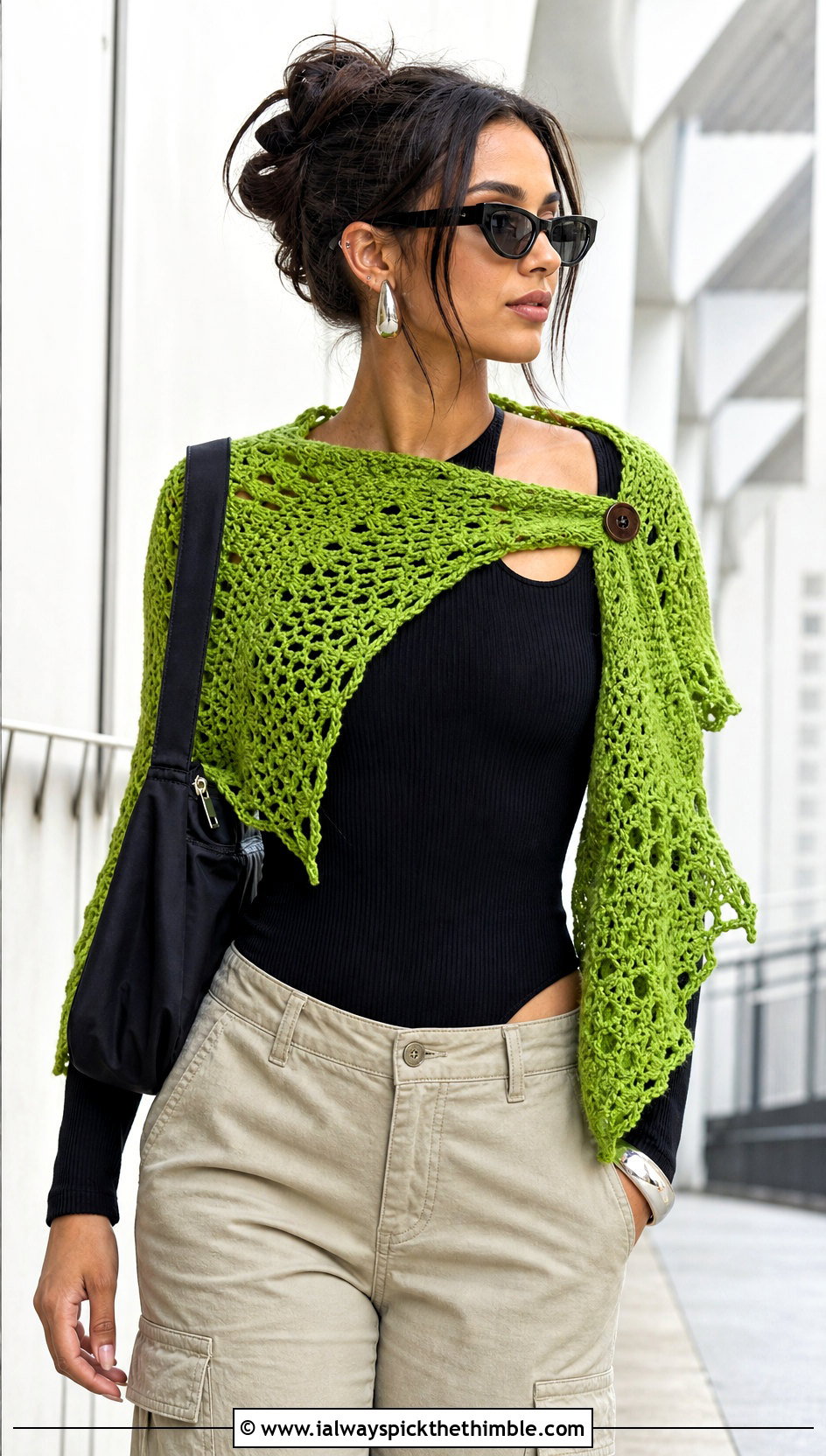 Asymmetrical DK Yarn Crochet Shawl With Cargo Pants - 20 Crochet Shawl Dk Yarn outfit ideas