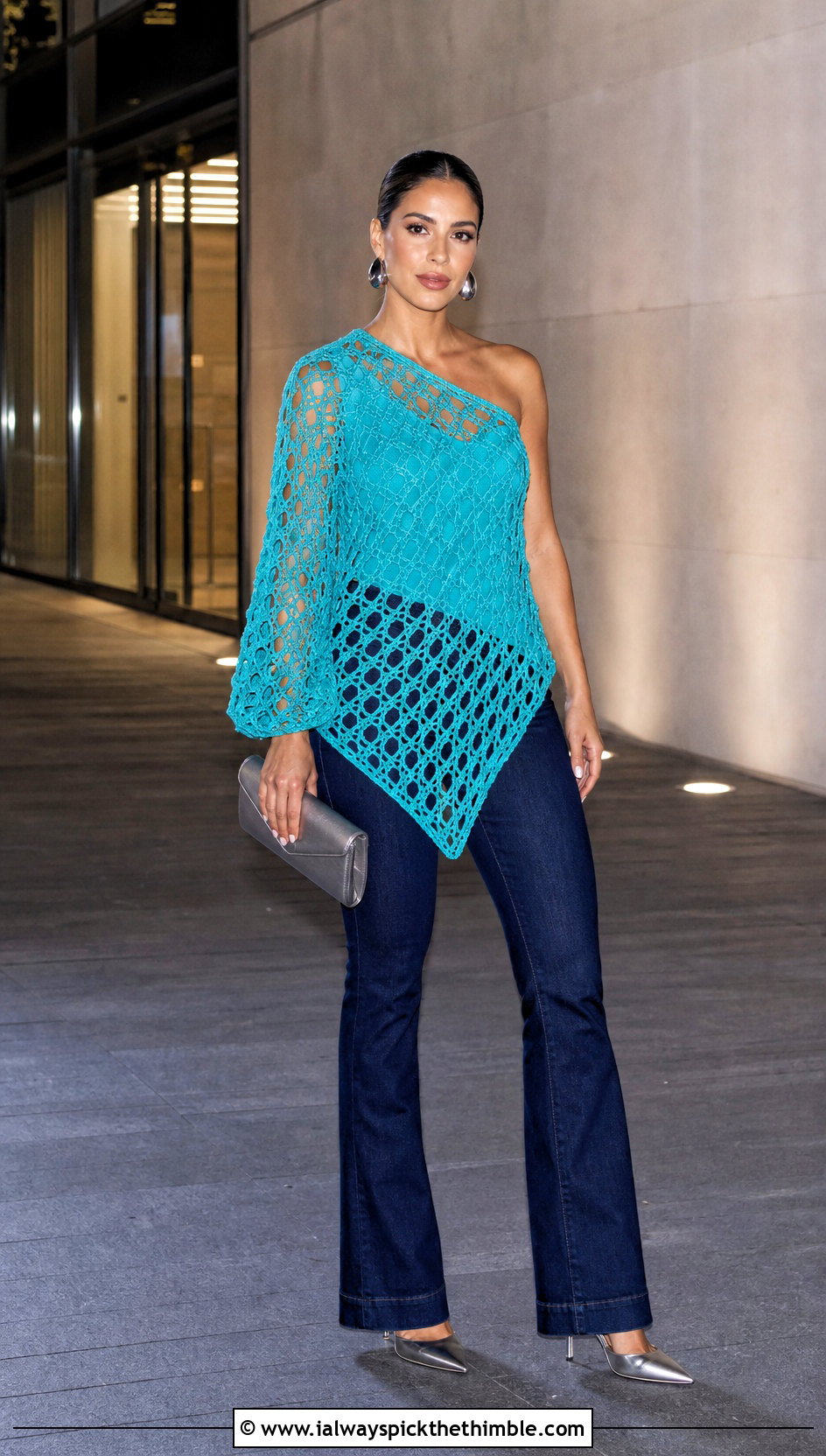 Asymmetrical Diamond Mesh Stitch Crochet Top With Dark Jeans - 20 Diamond Mesh Stitch Crochet Top outfit ideas