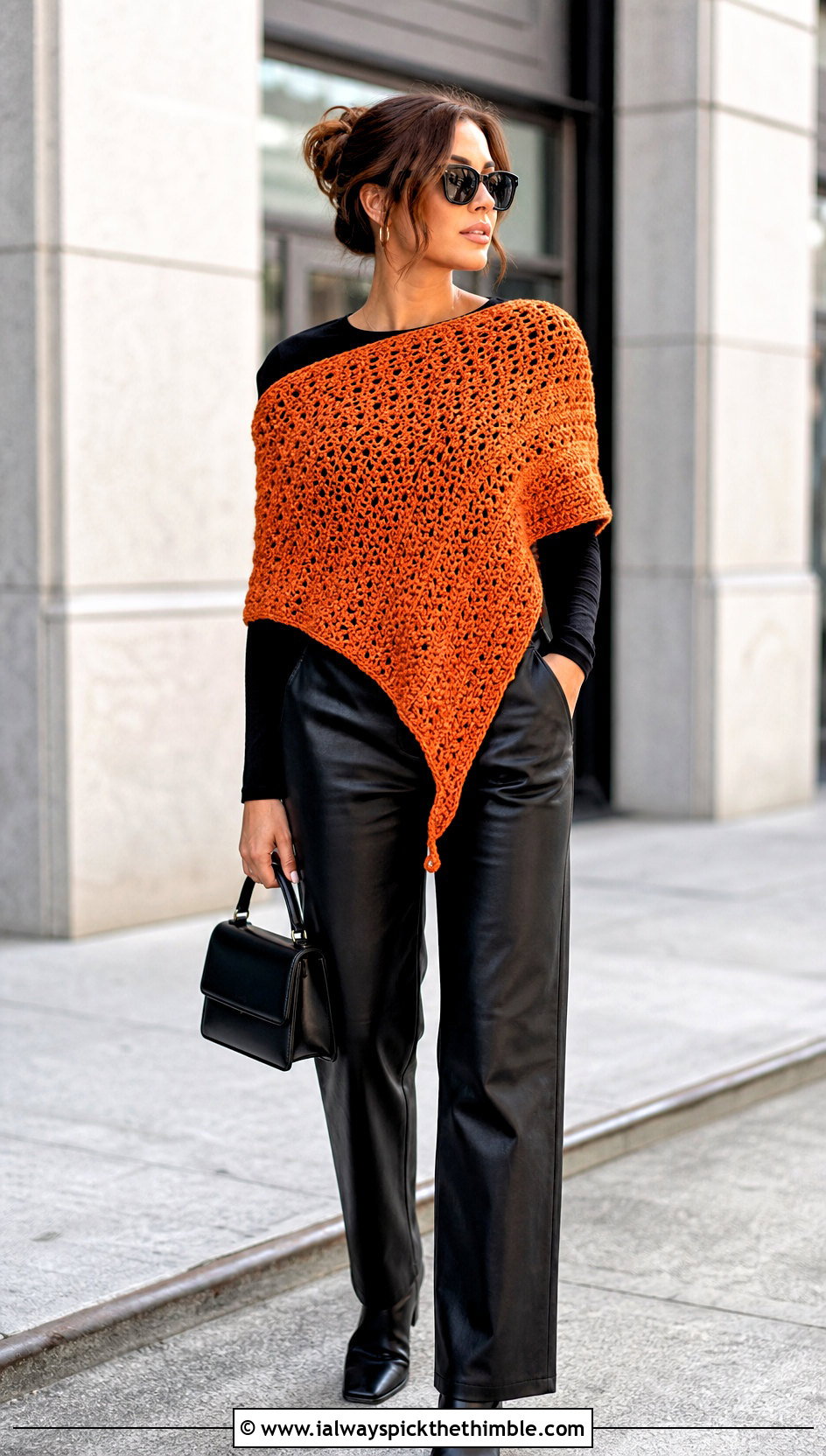 Asymmetrical Double Crochet Shawl With Leather Pants - 20 Double Crochet Shawl outfit ideas
