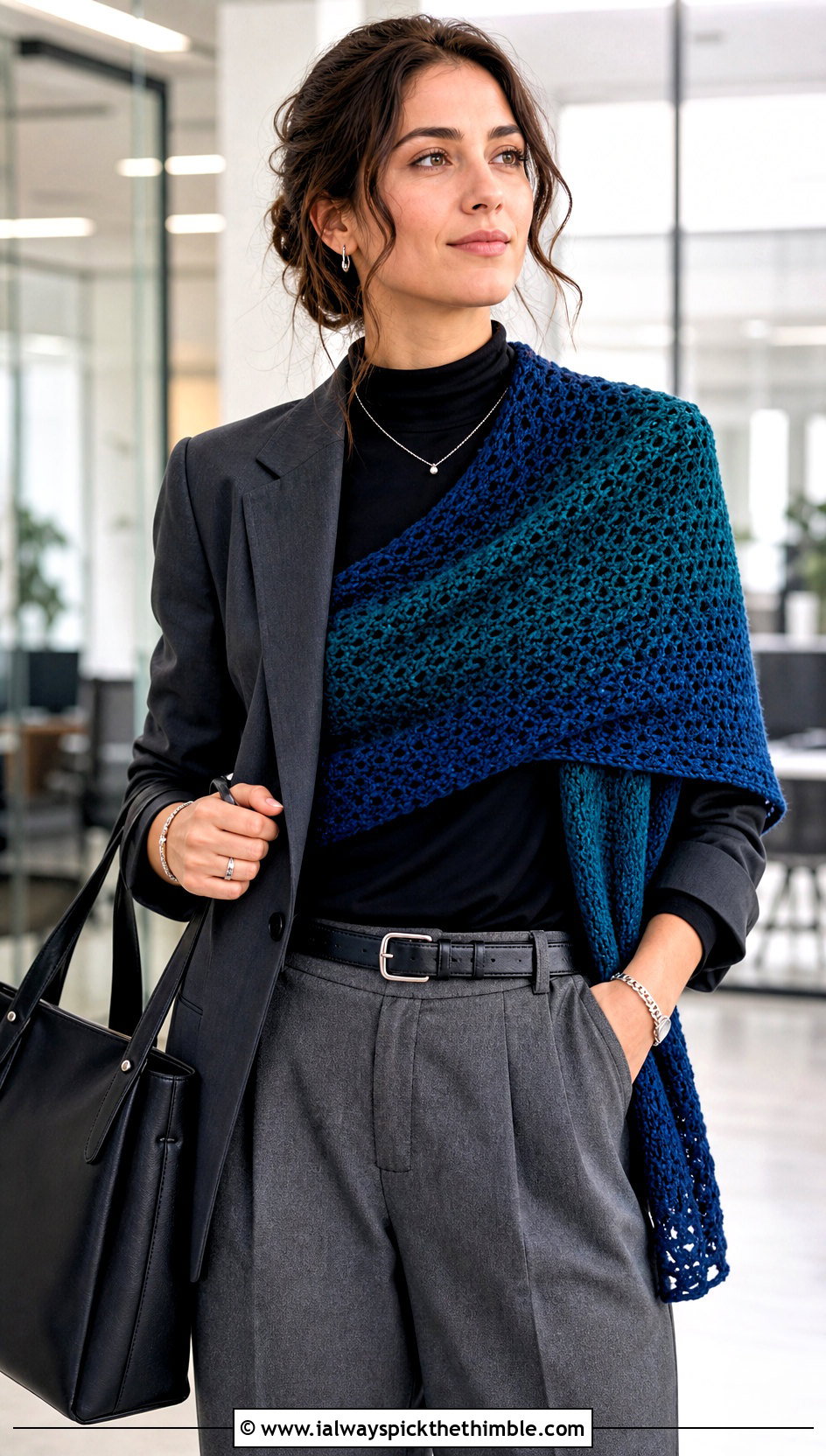 Asymmetrical Fade Shawl With Blazer And Trousers - 15 Crochet Fade Shawl outfit ideas