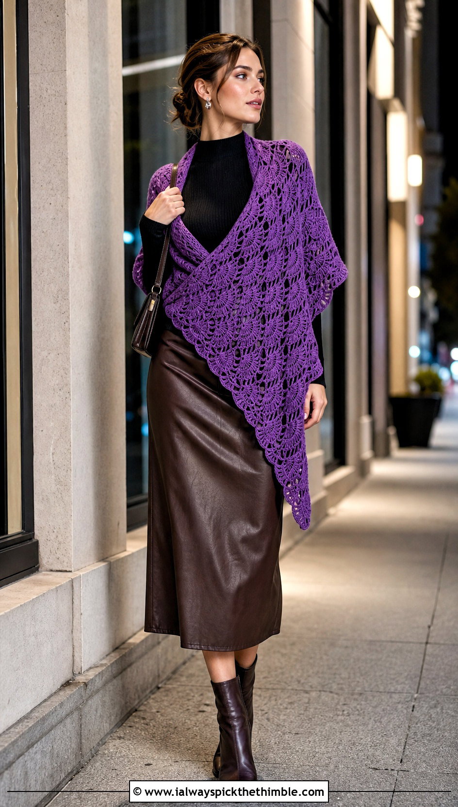 Asymmetrical Fan Stitch Shawl With Leather Midi Skirt - 20 Crochet Fan Stitch Shawl outfit ideas