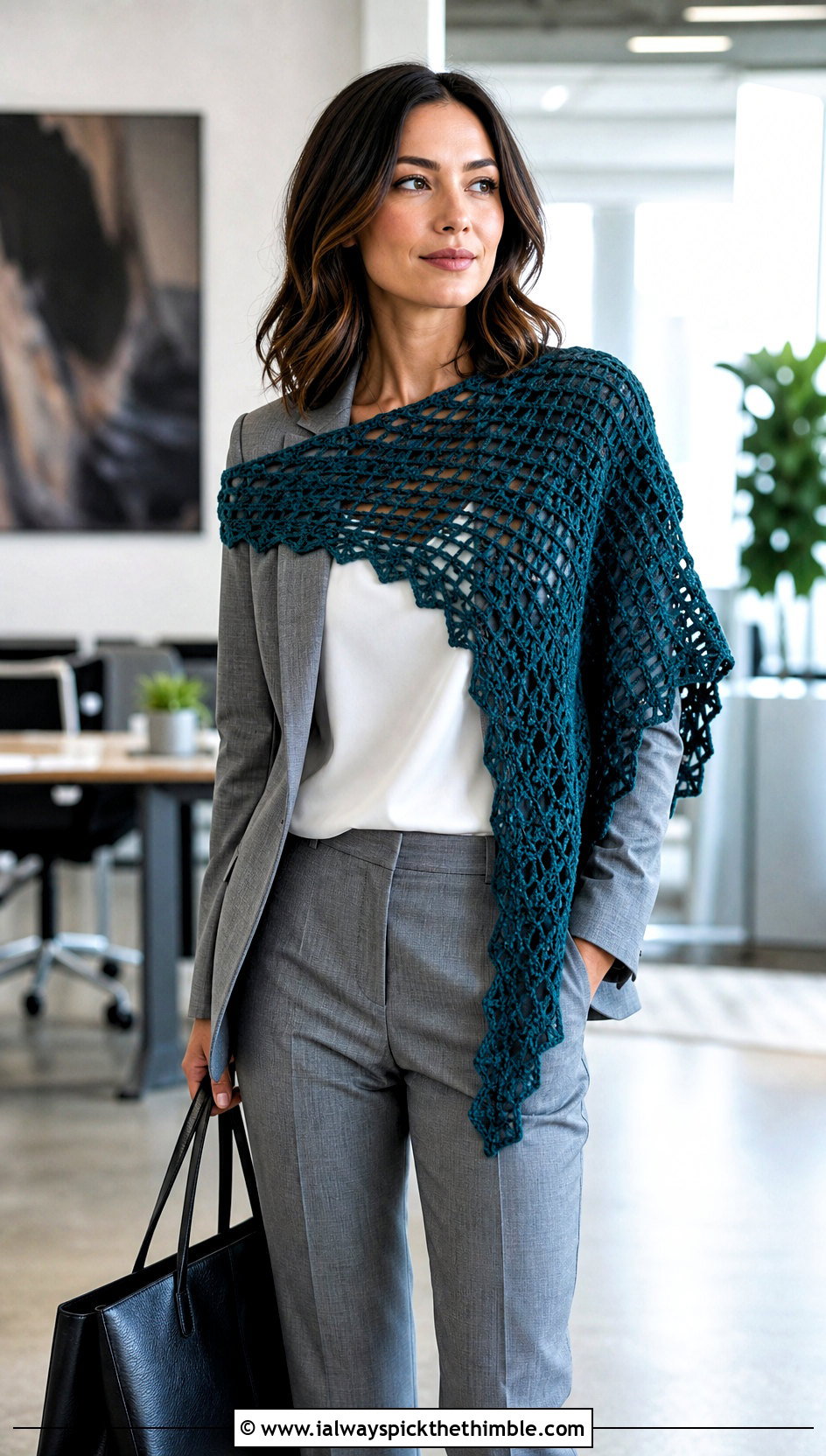 Asymmetrical Filet Crochet Shawl With Trouser Suit - 20 Light Weight Crochet Shawl outfit ideas