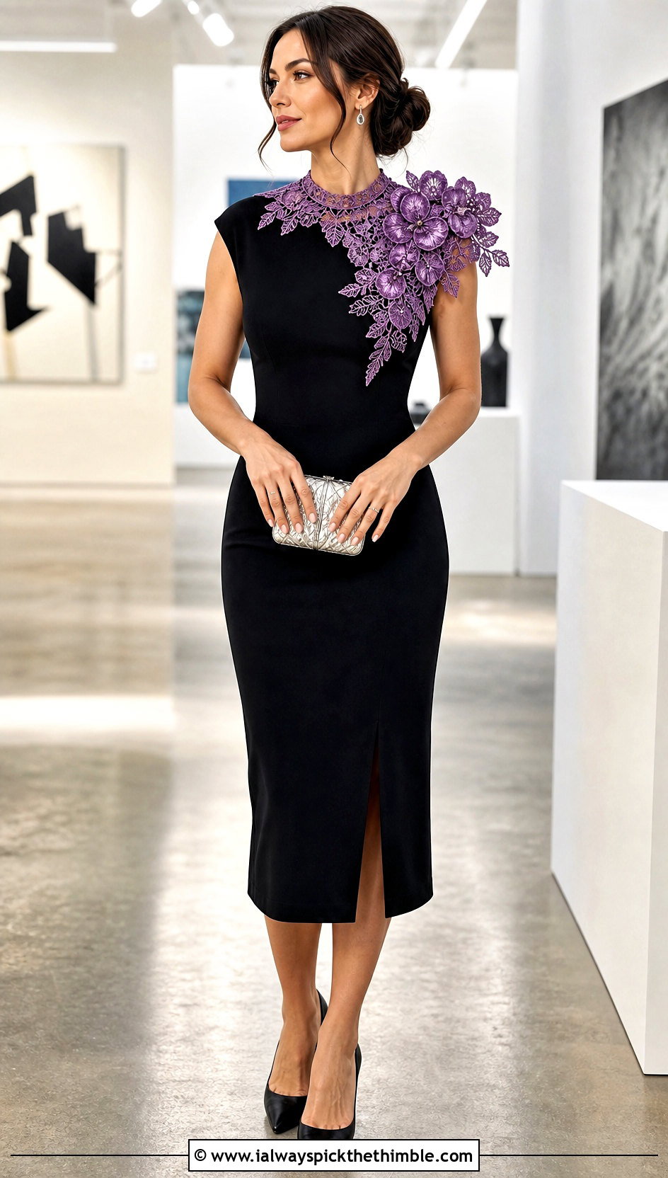 Asymmetrical Floral Lace Crochet Collar With Black Dress And Heels - 20 Lace Crochet Collar outfit ideas